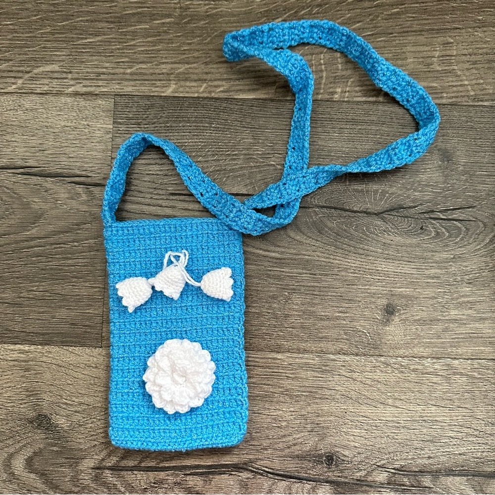 Handmade Crotchet Blue Flower Cellphone Carrier Bag
